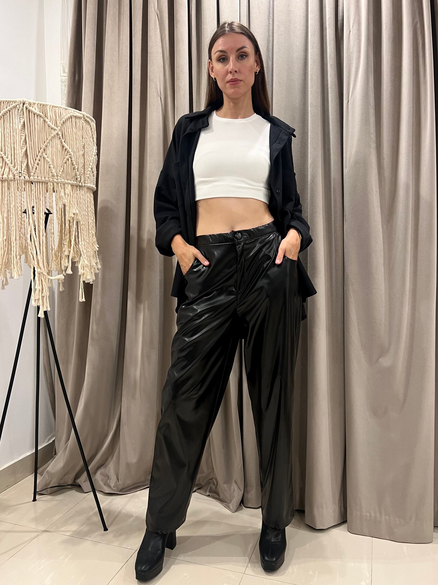 Wide leather pants in black