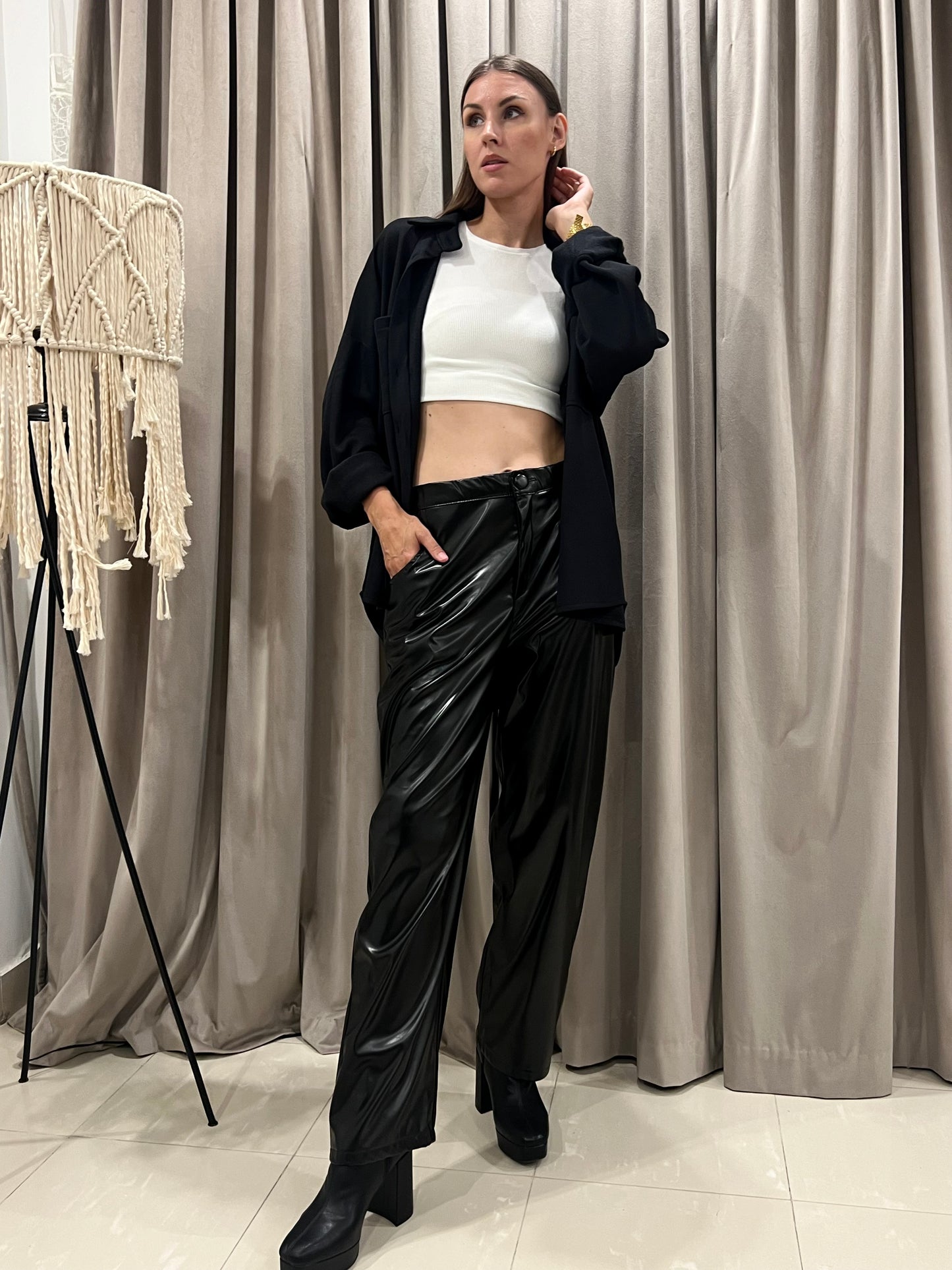 Wide leather pants in black