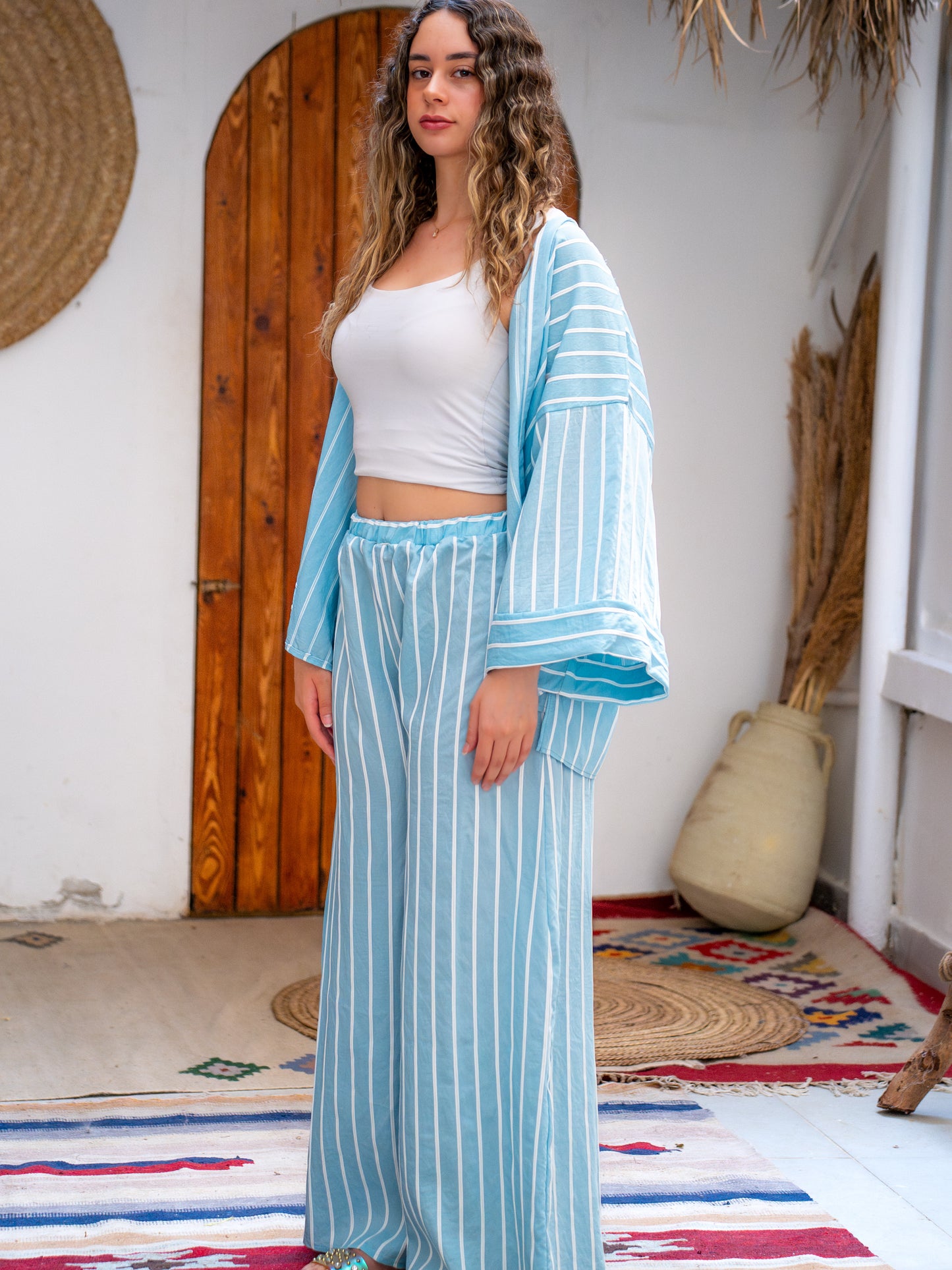 Striped linen set in sky blue