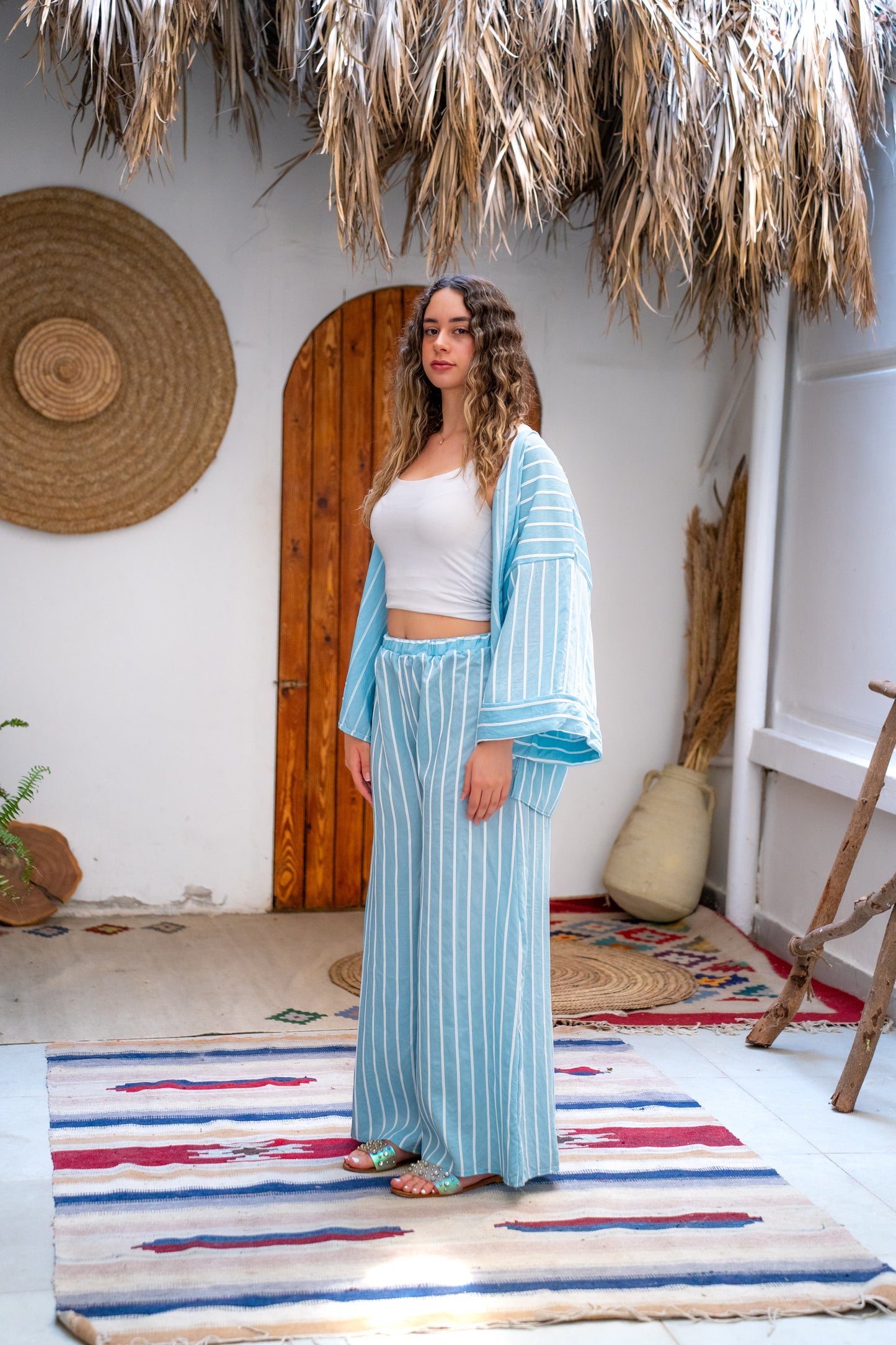 Striped linen set in sky blue