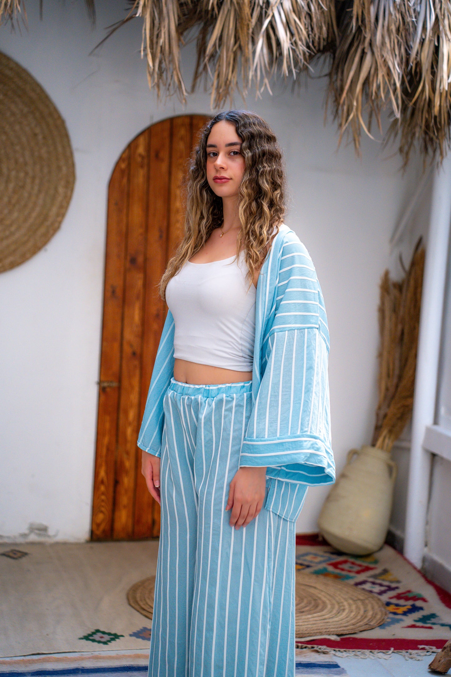 Striped linen set in sky blue