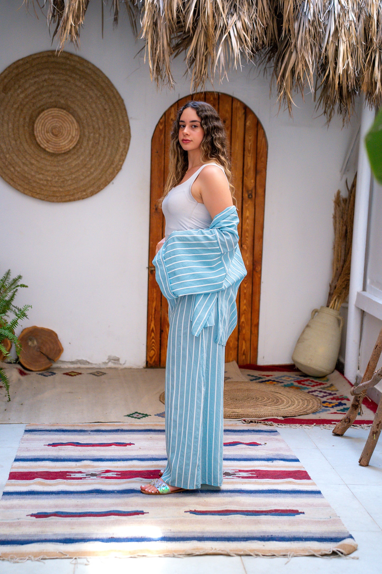 Striped linen set in sky blue