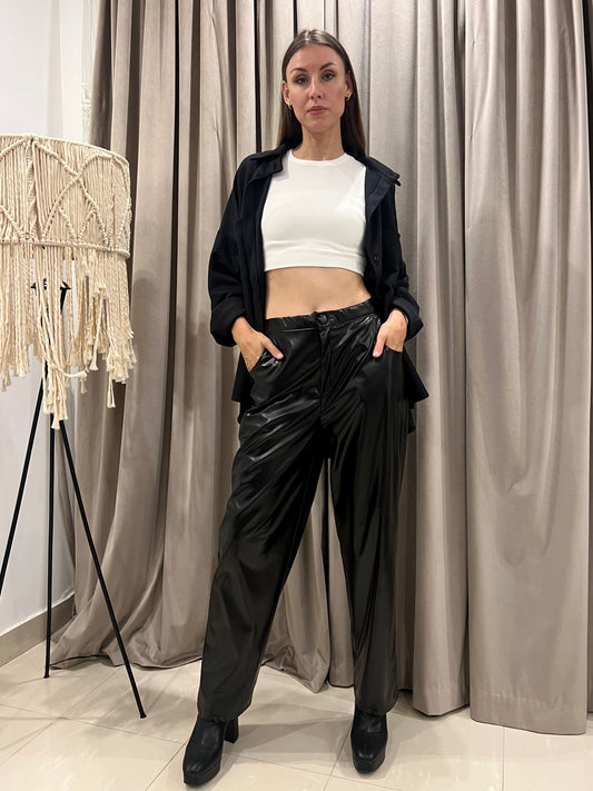 Wide leather pants in black